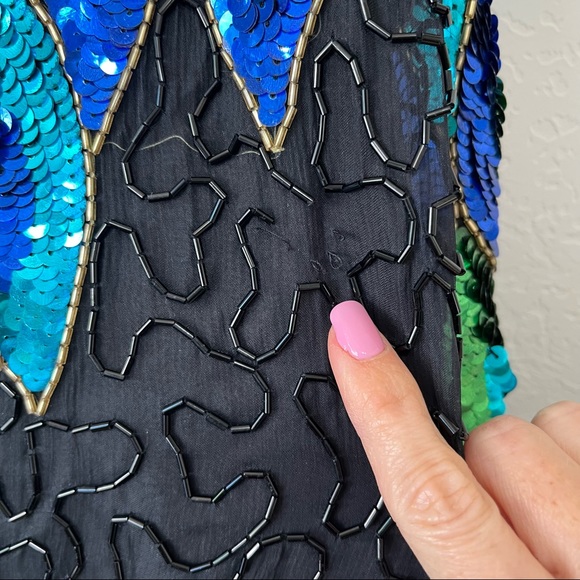 Vintage Sequin 100% Silk Peacock Green Blue Top Blouse - Picture 14 of 15